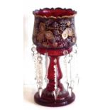 Victorian ruby glass lustre with clear glass droppers.