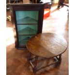 Small glazed corner cupboard and small reproduction oak drop leaf table