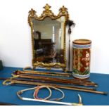 19th century style gilt framed wall mirror, Oriental style stick stand, lamp base and 8 walking stic