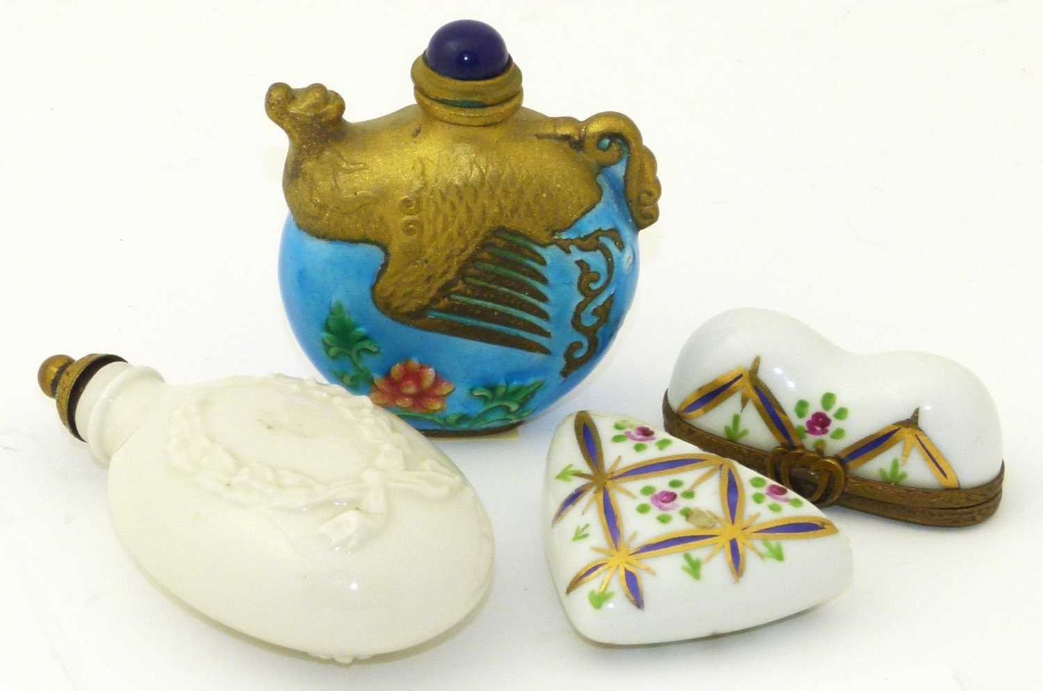 Limoges heart shaped container and two scent bottles