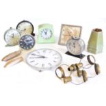 Smiths green electric mantle clock and one other, Metamel mantle clock and wall clock, three alarm c