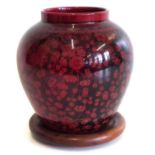 Large Bernard Moore flambe vase with wood stand 21cm high (restoration to rim, minor nicks to foot)