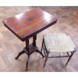 Late 19th century beech framed stool and a pine occasional table