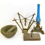 Victorian brass and blue glass table lamp art deco lantern, pestle and mortar, 18th century lock and