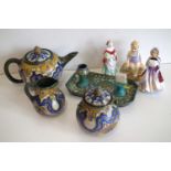 Gouda desk stand, three piece teaset and three Paragon figures