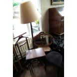 Standard lamp complete with shade, suit stand, Edwardian parlour chair, rush-seated country chair, p