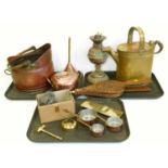 Brass watering can, copper coal, bucket, brass oil lamp base etc