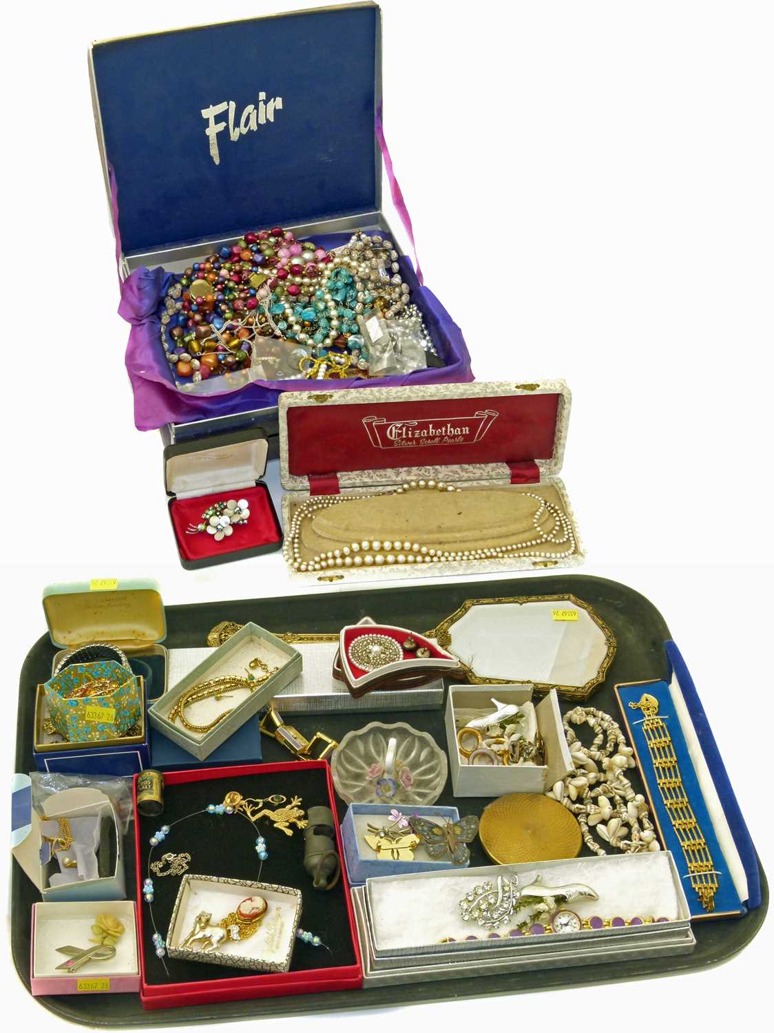 A quantity of mixed costume jewellery including "Cerebos Salt" pencil sharpener etc