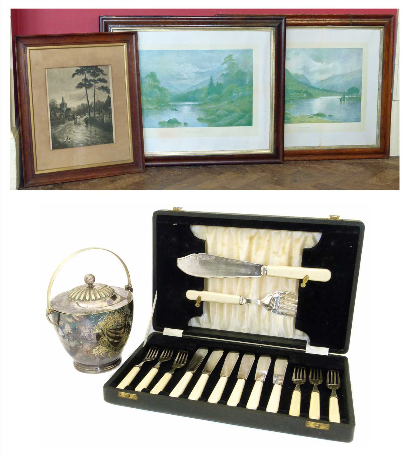 Three framed prints, plated biscuit jar and cased set of fish knives