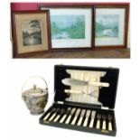 Three framed prints, plated biscuit jar and cased set of fish knives