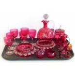 A quantity of mixed cranberry glassware and a pair of 19th century etched glasses