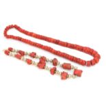 Two dyed coral necklaces,