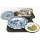 19th century blue and white meat platter, a pair of Mintons hunting plates, blue and white charger,