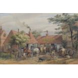 Edmund Walker, Blacksmith's yard with figures and horses, watercolour.