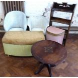 Two Lloyd Loom chairs and an ottoman, similar linen basket, inlaid occasional table and an open fou