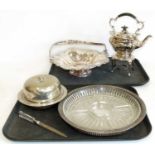 Mappin & Webb spirit kettle, heavy plated fruit stand and miscellaneous plated ware