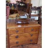 Small mahogany chest of drawers and reproduction shield back dressing mirror with two drawers