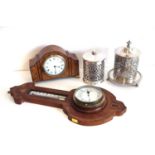 Burr wood mantle clock , aneroid barometer and a Mappin and Webb pierced sugar barrel