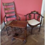 Edwardian corner chair, nest of three tables and a farmhouse chair.