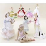 Four small Royal Doulton figures, a large size figure, two Coalport ladies, and a Leonardo ballerina