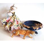Beswick Leopard, Italian pottery model of a dancer and a Royal Winton footed bowl (hair cracks).