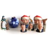 A collection of Royal Doulton to include five character jugs, Old Mother Hubbard and a vase painted