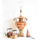 Victorian copper samovar converted to a table lamp, a copper conicle shaped measuring scoop, oval Ge