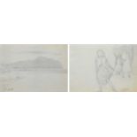 G. Costa, Coastal view and drawing of girls on verso, pencil (double sided).