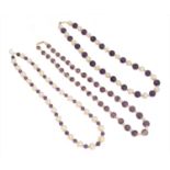 Three amethyst and cultured pearl necklaces,