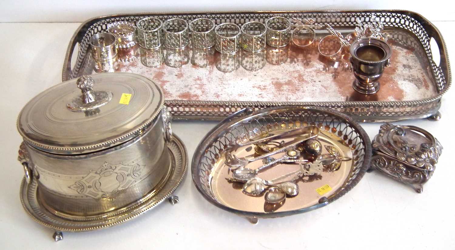 Oval silver plated biscuit container, Sheffield plated tray and other plated ware.