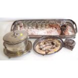 Oval silver plated biscuit container, Sheffield plated tray and other plated ware.