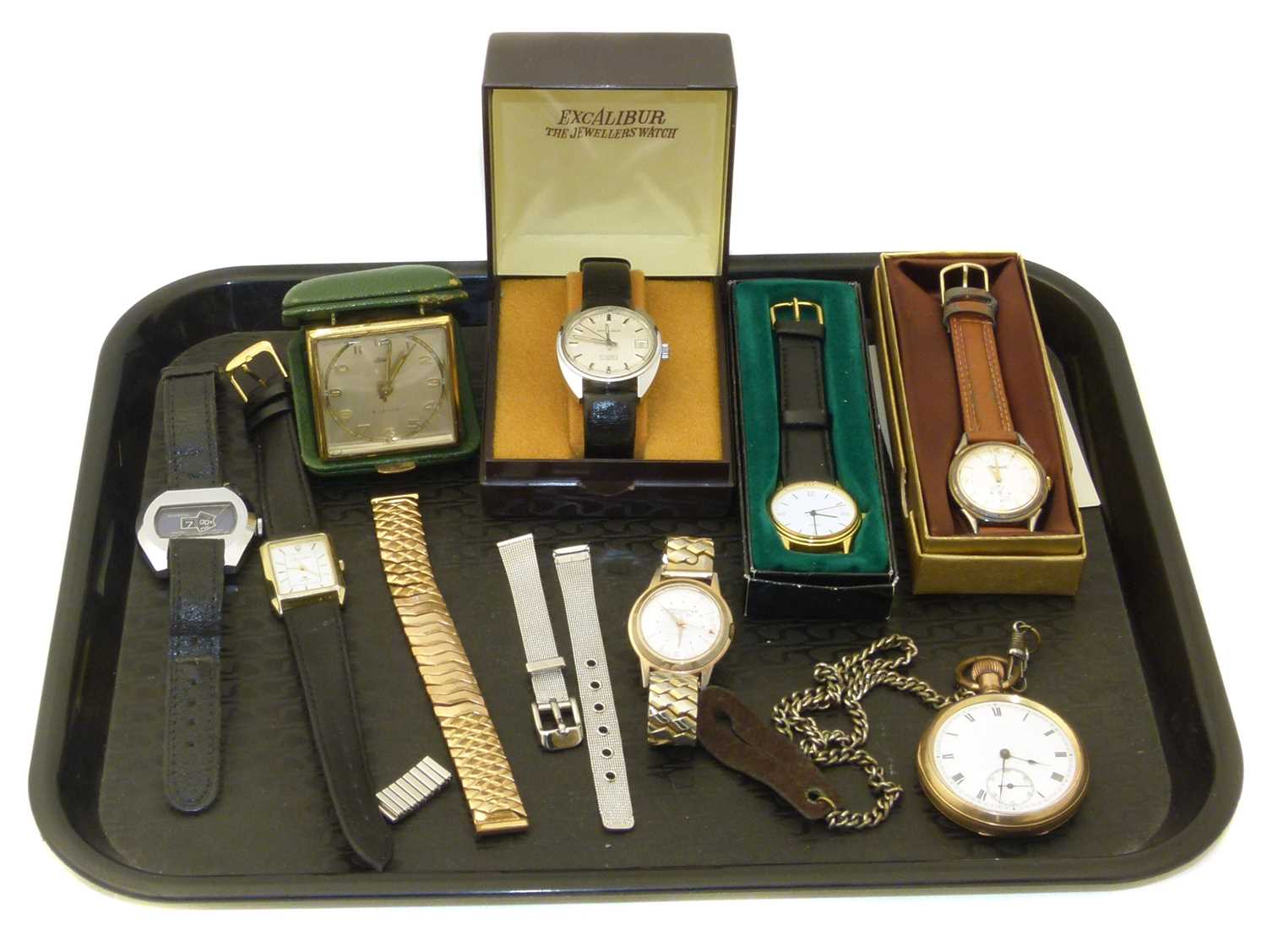 A large selection of wristwatches and PW to include Excalibur, Ingersall etc. (7) and Kaiser clock.