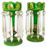 A pair of Victorian green glass lustre
