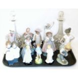 Nine Nao figures, three Doulton figure of Darling, Bedtime and She Loves Me Not, also two glass deca