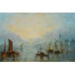 P.M., 19th century, Continental scene with various shipping, oil.