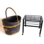 Brass bound oak coal bucket and a steel footman.