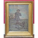 Gilt framed stumpwork 19th century picture depicting smoking woodman with axe and dog