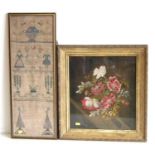 19th century sampler 22x57cm and gilt framed woolwork of flowers