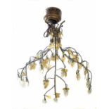 A electrolier pendant mounted forming a five branch umbrella of vines with Murano glass grapes.