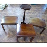 A pair of 20th century mahogany side tables and one other occasional table and a tall plant stand