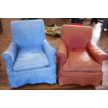 Edwardian upholstered armchair with square section mahogany legs and one other.