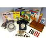 Two 1970's telephones (black and grey), quantity of 1960's and 1970's coinage, small walnut jeweller