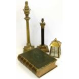 Two Victorian brass table lamp bases, hall lantern and a bible