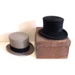 Black top hat by J.W. Mayer in box, also a grey top hat by Moss Bros.