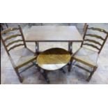 Oak refectory style dining table, a pair of rush seated ladder back chairs and miniature oak drop le