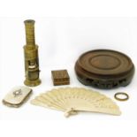 Brass students microscopes, Brevet mother of pearl inlaid purse, ivory effect 16 division fan and h