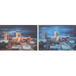 After Harold Riley, "York Minster through the Seasons", two large signed prints on fabric (2).