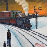 James Downie (British 1949-), "Train Leaving Station", oil.