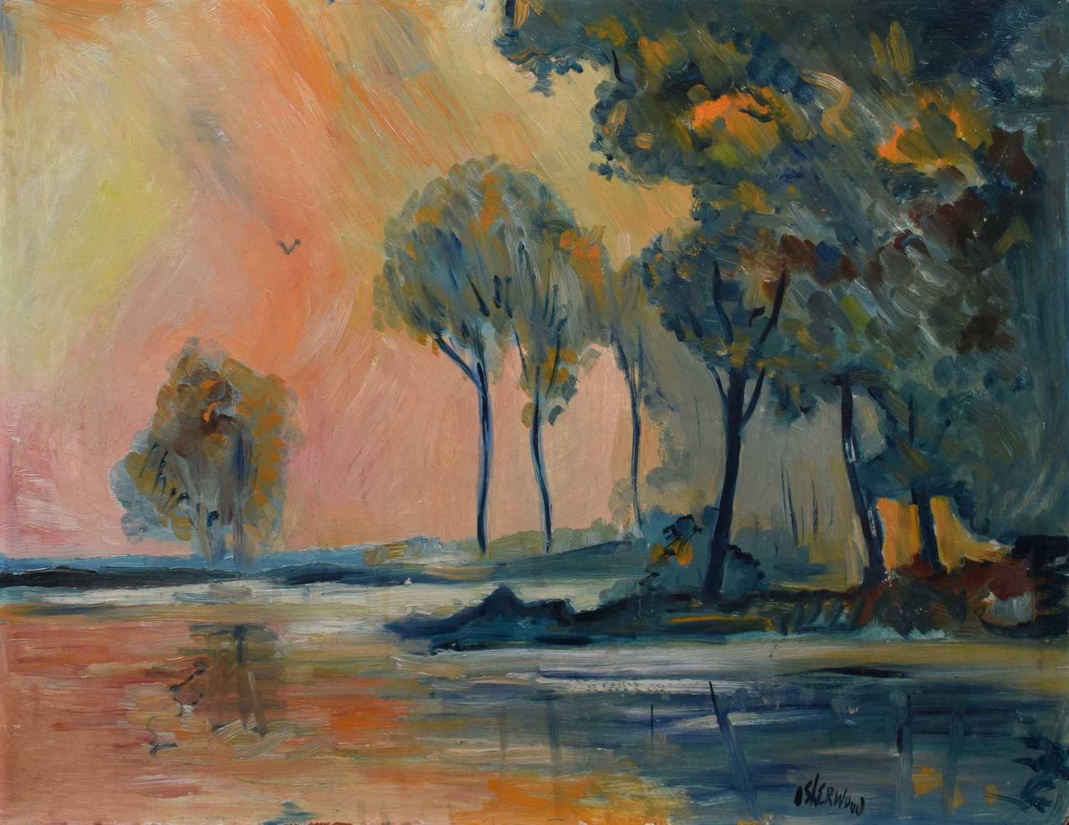 James Lawrence Isherwood (British 1917-1989), Wooded lake scene at sunset, oil.