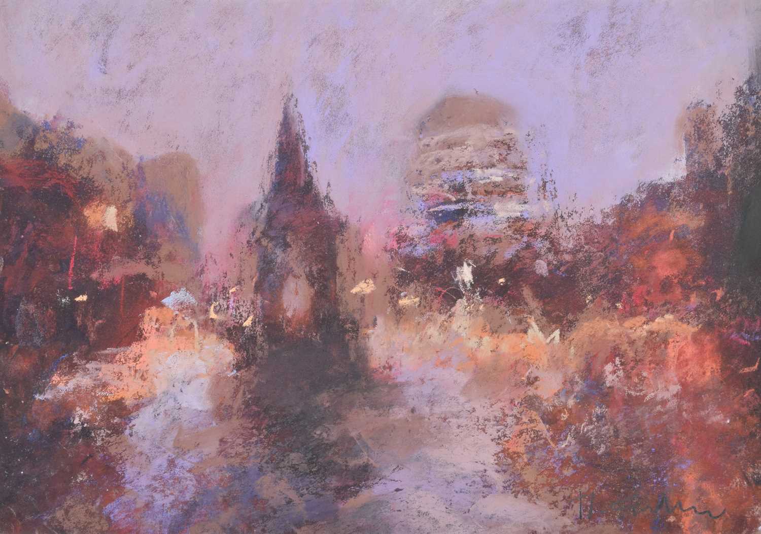 Marc Grimshaw, "Winter Dusk, Albert Square", pastel.